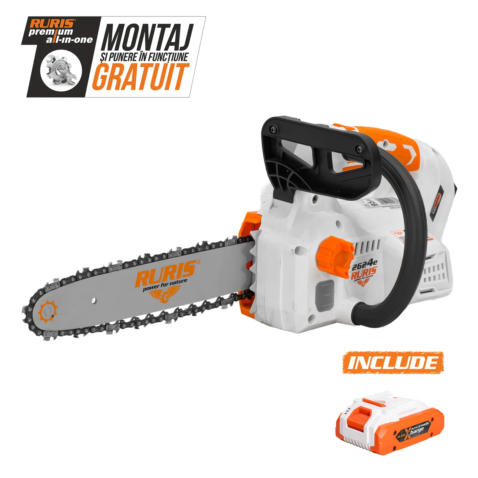 Electroferastrau pe acumulator RURIS 2624e, 20V, sina 300mm, lant 3/8” 1.1, viteza lant 7 m/s, include acumulator 2400e X-Charge
