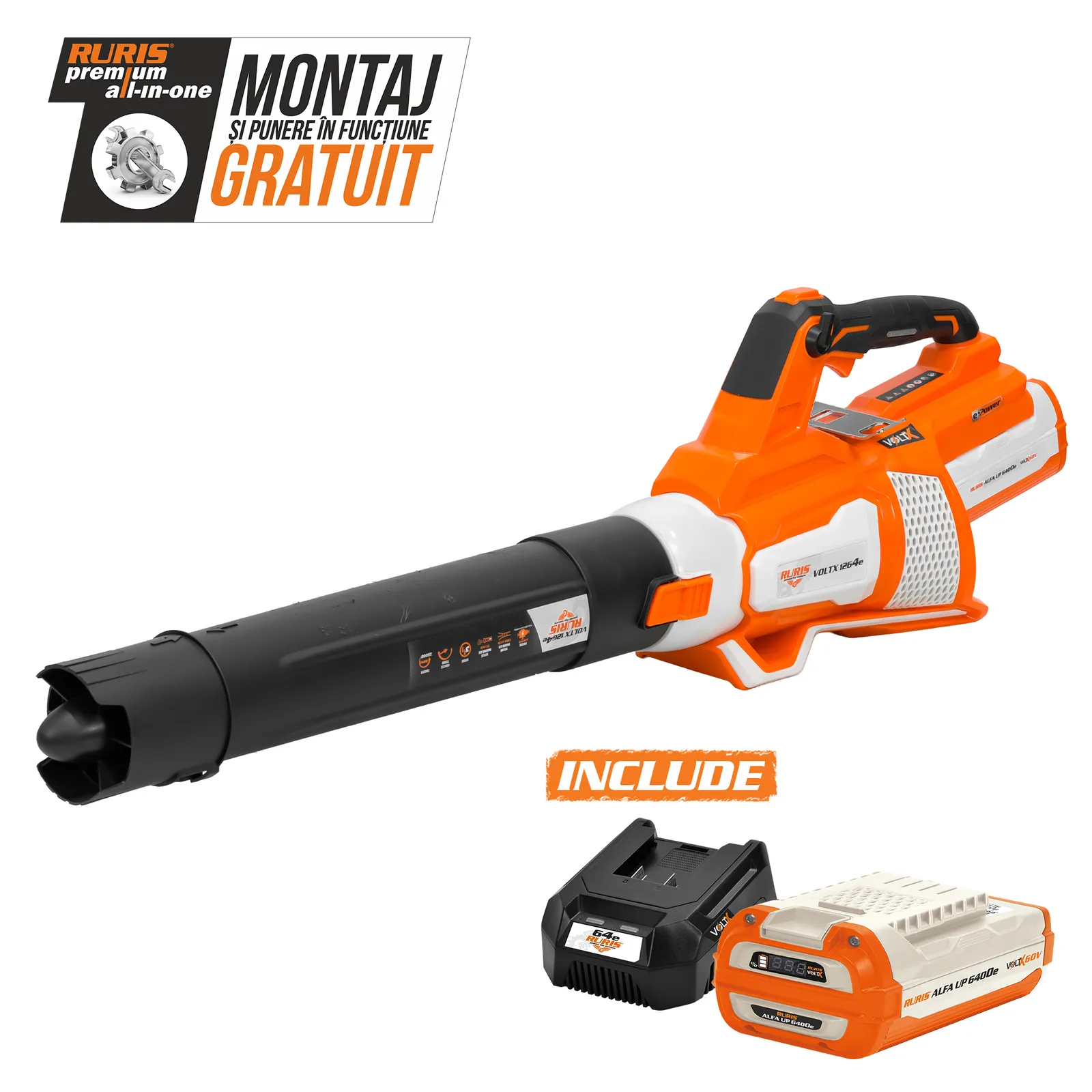 Suflanta pentru frunze pe acumulator RURIS VoltX 1264e, 60 V, viteza aer 72 m/s, volum aer 1200 mc/h, include acumulator Alfa Up 6400e si incarcator 64e