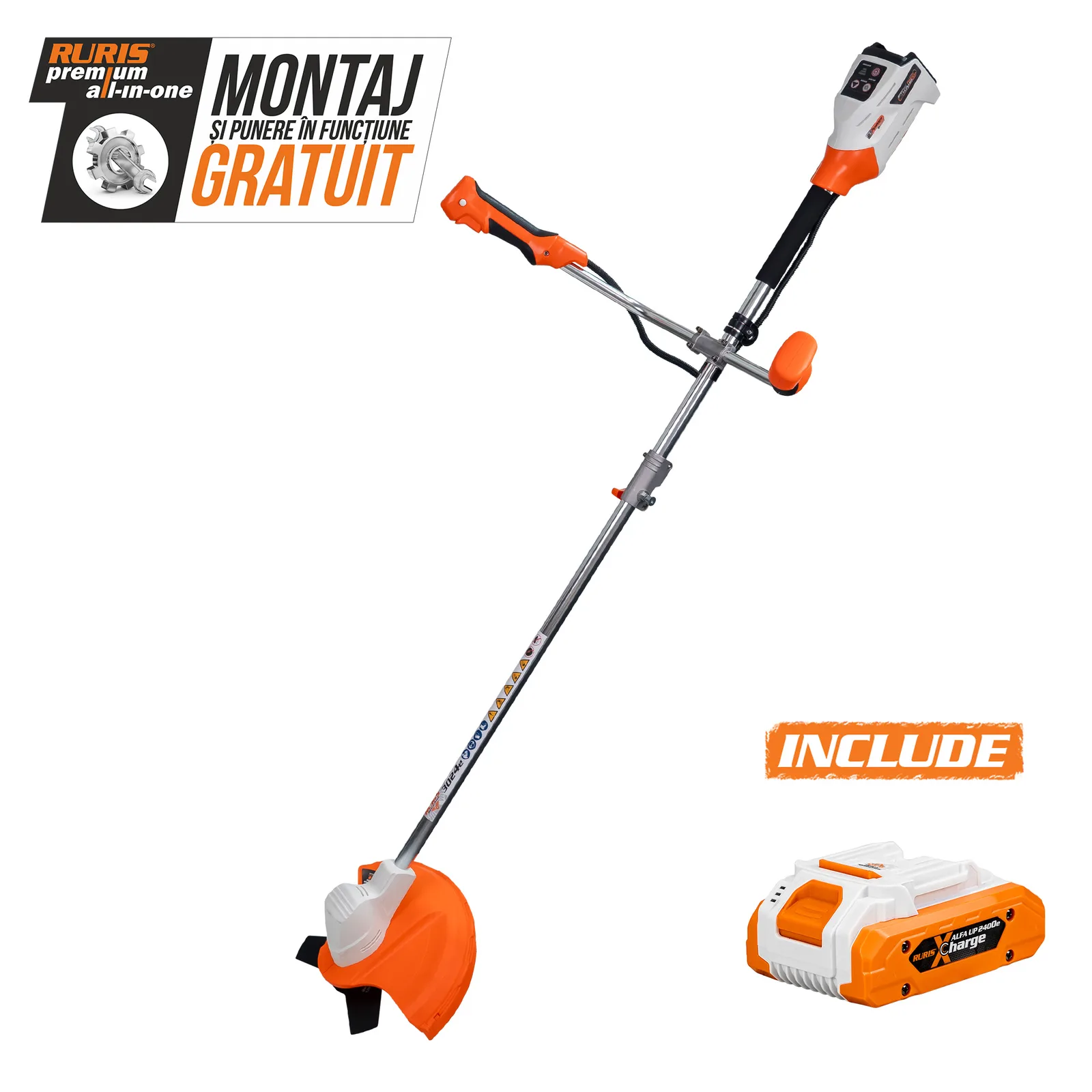 Motocoasa pe acumulator RURIS 3024e Power Alfa Up, 20V, diametru taiere 300mm (fir) / 255mm (cutit), include acumulator 2400e X-Charge