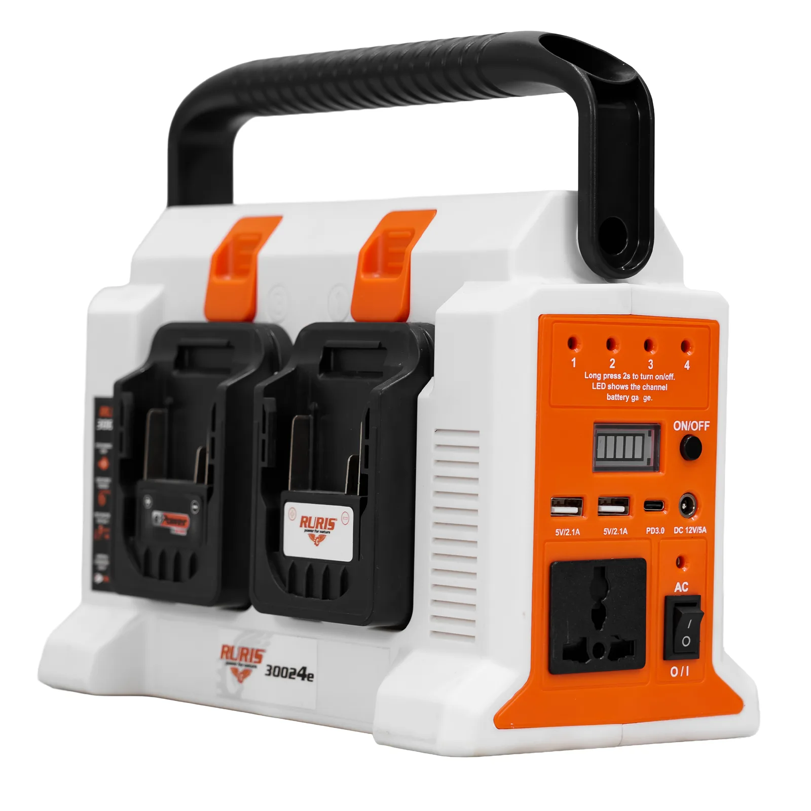 Invertor portabil pe acumulator RURIS 30024e, putere nominala 300W, 4 porturi acumulatori, port USB-C 18W, include 4 acumulatori 2400e X-Charge