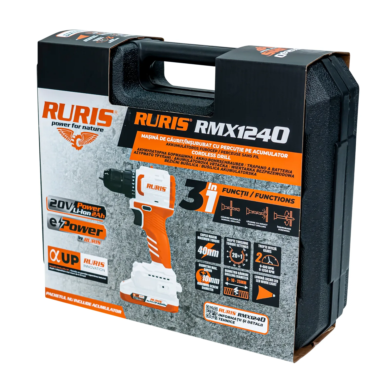 Masina de gaurit/insurubat pe acumulator RURIS RMX1240 Power Alfa Up, mandrina 0-10mm, include acumulator si incarcator