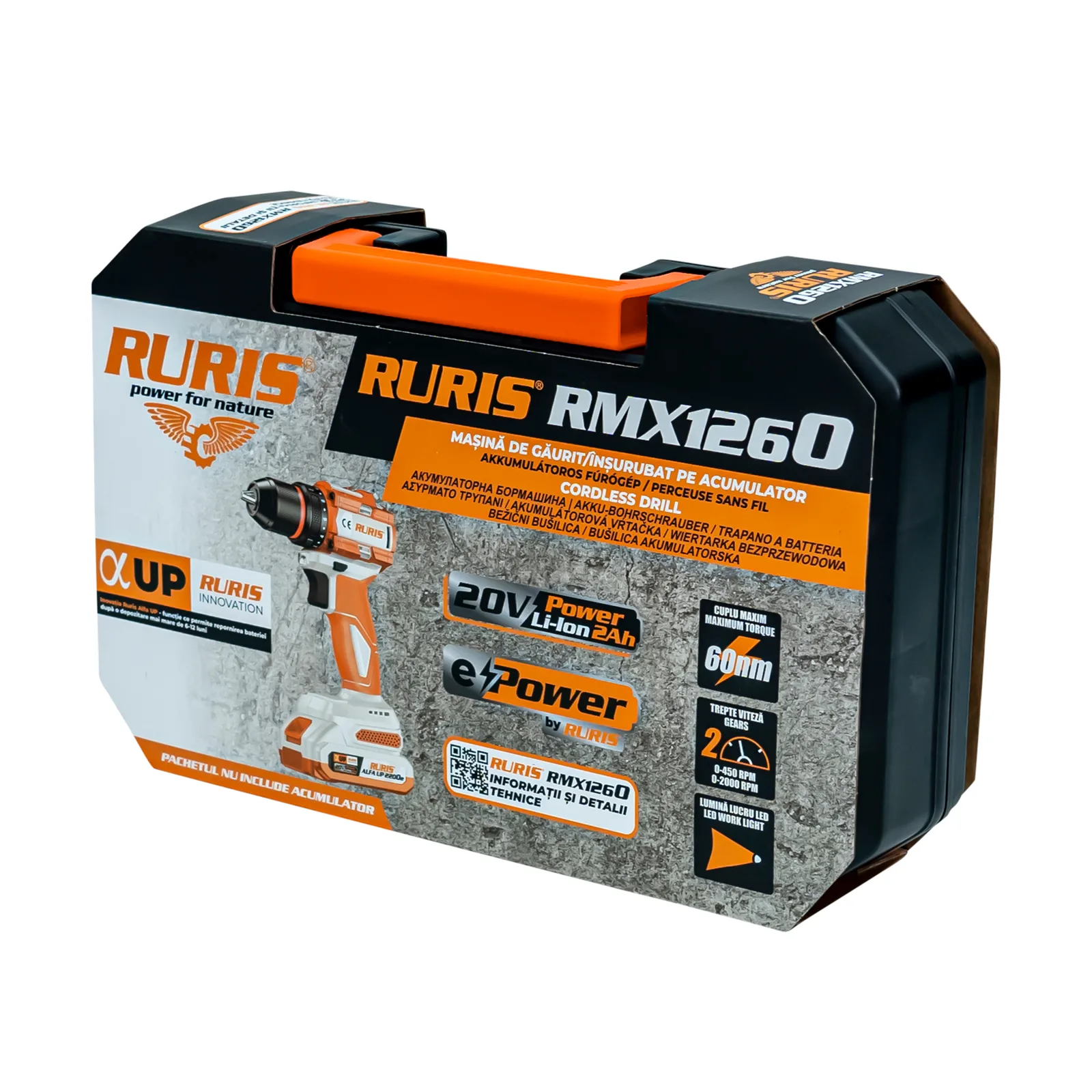 Masina de gaurit/insurubat pe acumulator RURIS RMX1260 Power Alfa Up, cuplu 60Nm, include acumulator si incarcator
