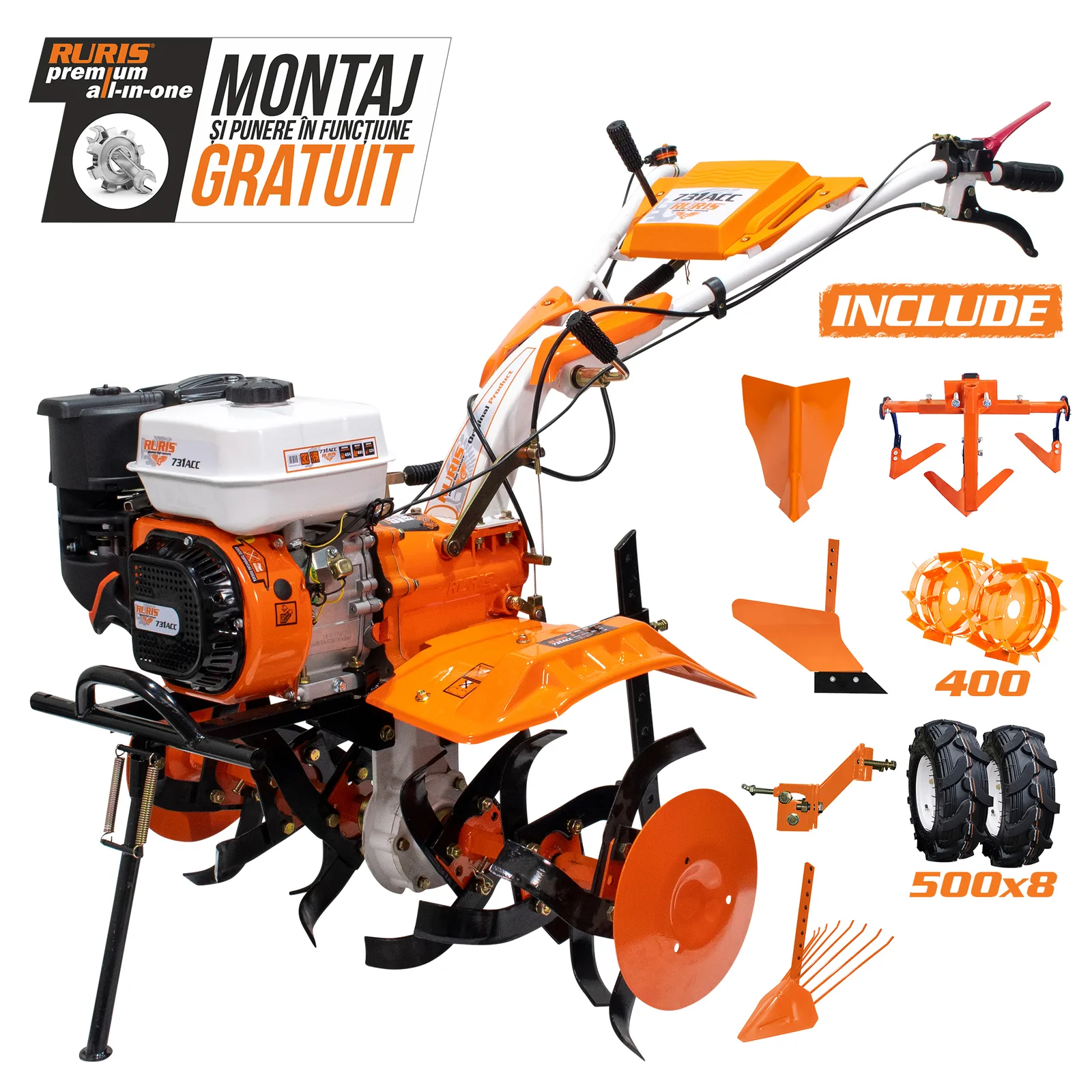 Motosapatoare RURIS 731acc1 + roti cauciuc 5.00-8+rarita+plug+adaptor+dispozitiv scos cartofi+roti metalice 400 fara manicot+cultivator