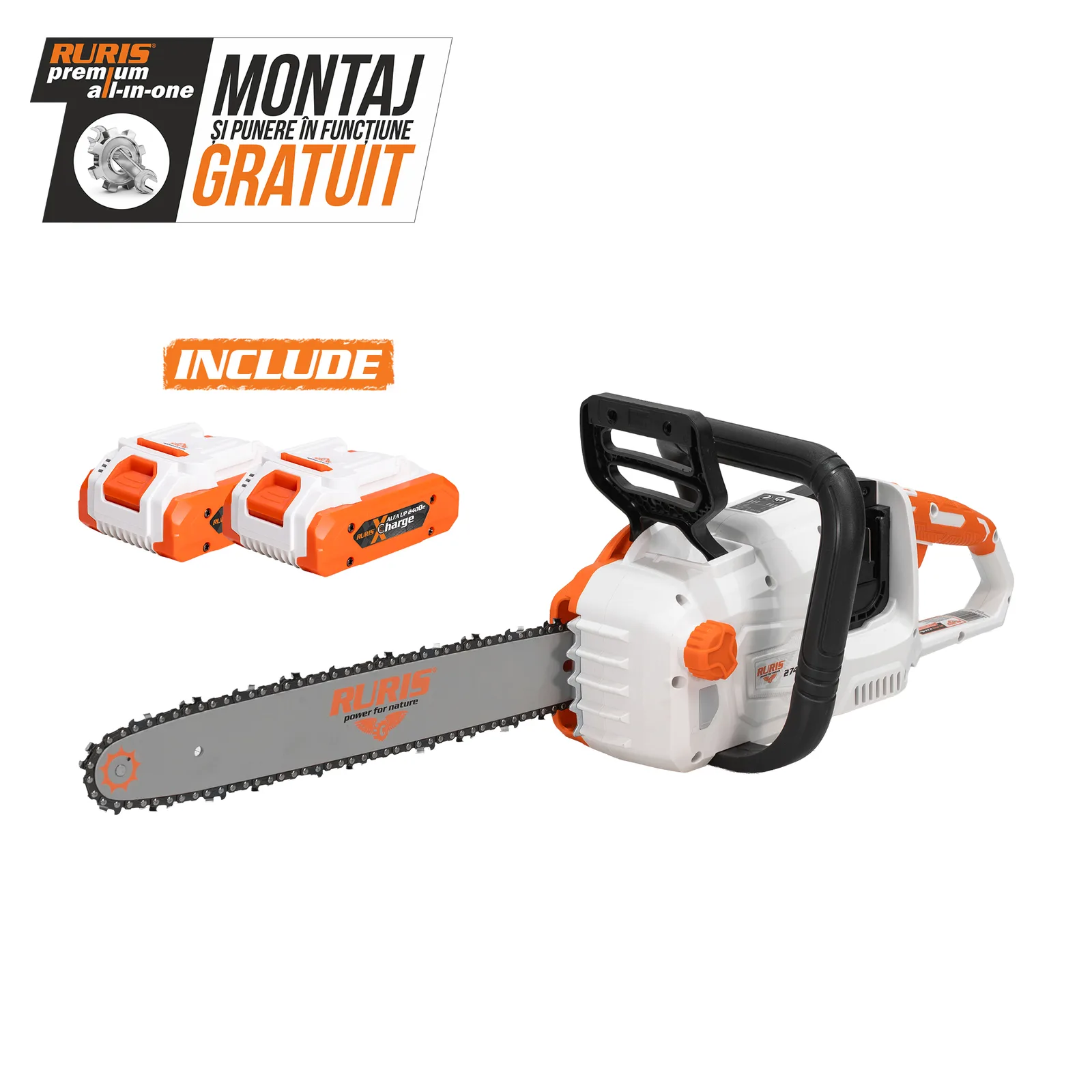 Electroferastrau pe acumulator RURIS 2744e, 2x20V, sina 400mm, viteza lant 25 m/s, include 2 acumulatori 2400e X-Charge